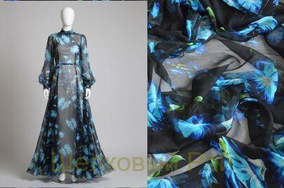 Шифон крэш 100% шелк голубые цветы "Dolce&Gabbana" (д-1465)