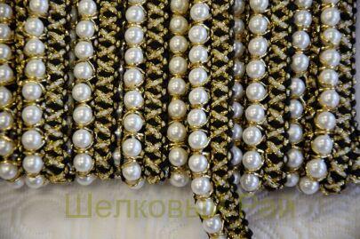 Тесьма с жемчугом золотисто-черная 1,4 см (д-1457)